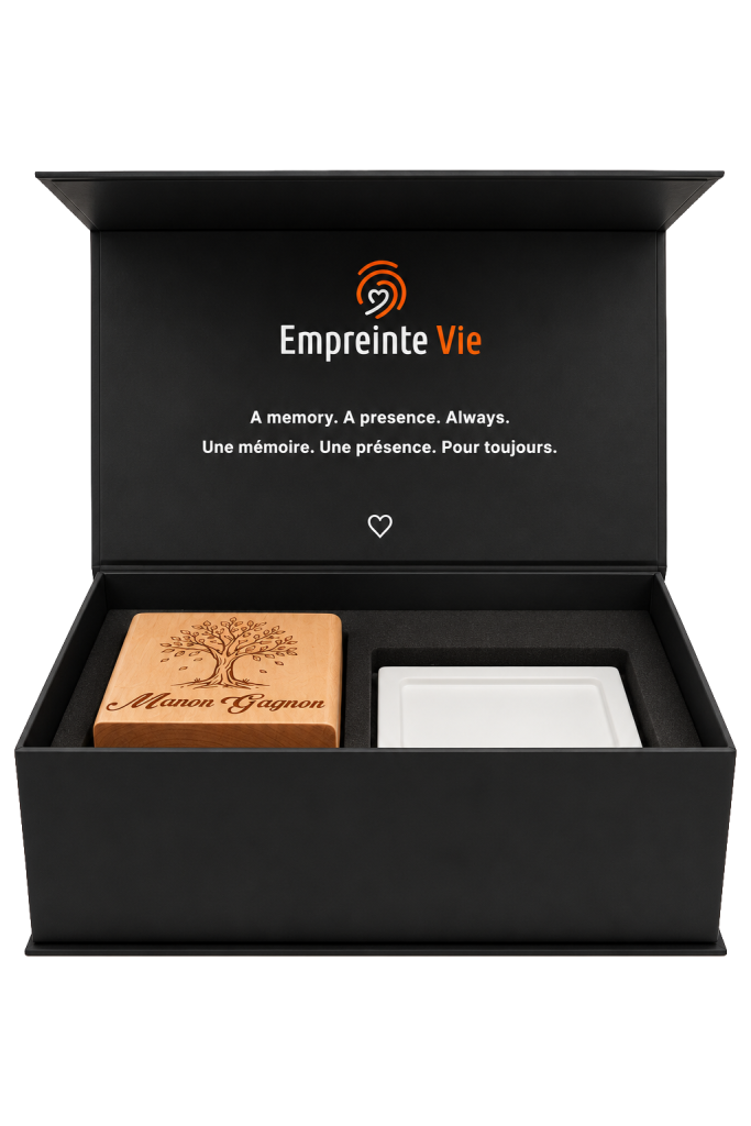 Cube QR personnalisé Empreinte Vie présenté dans son coffret